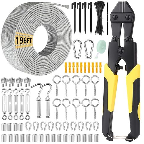 طقم حبل سلكي 1/8 بوصة مع قاطع كابل، كابل من الفولاذ المقاوم للصدأ بطول 196 قدمًا 304 مع شدادات M5 قاطع كابل 8 بوصة لأسلاك الكابلات، سلك معلق مطلي بالفينيل لتعليق الإضاءة في الهواء الطلق، كابل حبل الغسيل، حديقة in Kuwait