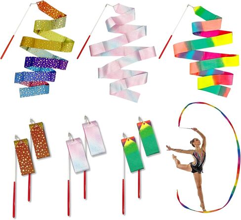 شريط رقص قوس قزح، 6 عبوات من 3 أنماط من أشرطة رقص قوس قزح - شريط جمباز إيقاعي 78.7 بوصة، عصا دوارة للرقص الفني in Kuwait
