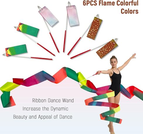 شريط رقص قوس قزح، 6 عبوات من 3 أنماط من أشرطة رقص قوس قزح - شريط جمباز إيقاعي 78.7 بوصة، عصا دوارة للرقص الفني in Kuwait