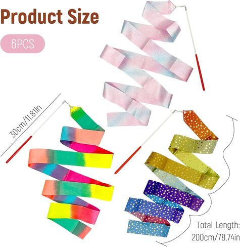 شريط رقص قوس قزح، 6 عبوات من 3 أنماط من أشرطة رقص قوس قزح - شريط جمباز إيقاعي 78.7 بوصة، عصا دوارة للرقص الفني in Kuwait
