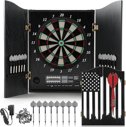 Electronic Dart Board Cabinet Set LED Decorative Dart Board for Adult with Cabinet Wooden 8 Players 25 Games12 Soft Tip Darts 50 Replacements for Family Game Basement Rec Room Bars in Saudi Arabia