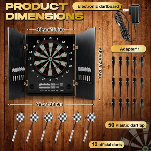Electronic Dart Board Cabinet Set LED Decorative Dart Board for Adult with Cabinet Wooden 8 Players 25 Games12 Soft Tip Darts 50 Replacements for Family Game Basement Rec Room Bars in Saudi Arabia