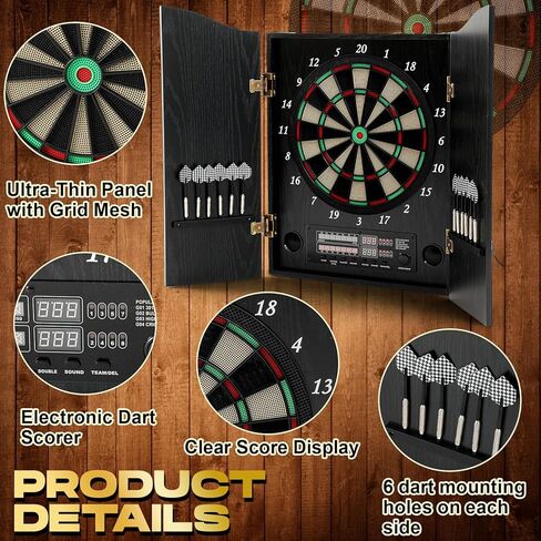 Electronic Dart Board Cabinet Set LED Decorative Dart Board for Adult with Cabinet Wooden 8 Players 25 Games12 Soft Tip Darts 50 Replacements for Family Game Basement Rec Room Bars in Saudi Arabia