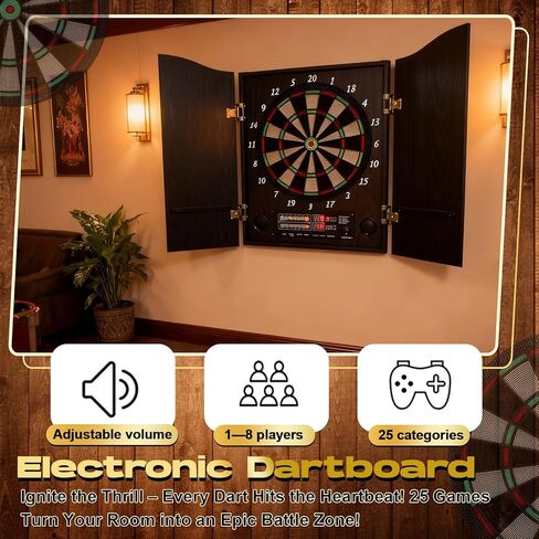Electronic Dart Board Cabinet Set LED Decorative Dart Board for Adult with Cabinet Wooden 8 Players 25 Games12 Soft Tip Darts 50 Replacements for Family Game Basement Rec Room Bars in Saudi Arabia
