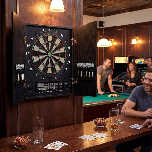 Electronic Dart Board Cabinet Set LED Decorative Dart Board for Adult with Cabinet Wooden 8 Players 25 Games12 Soft Tip Darts 50 Replacements for Family Game Basement Rec Room Bars in Saudi Arabia
