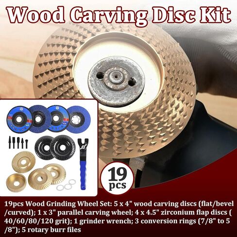 مجموعة أقراص نحت الخشب 19 قطعة لمطحنة زاوية 4 بوصة و4.5 بوصة | قرص عجلة طحن أداة StumpGrinder مع حلقة محول 7/8"-5/8" | مجموعة أقراص تلميع وتشكيل قطع النجارة من أجل النحت السريع in Kuwait
