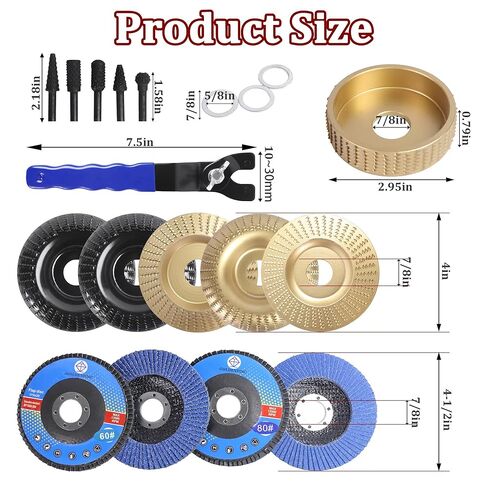 مجموعة أقراص نحت الخشب 19 قطعة لمطحنة زاوية 4 بوصة و4.5 بوصة | قرص عجلة طحن أداة StumpGrinder مع حلقة محول 7/8"-5/8" | مجموعة أقراص تلميع وتشكيل قطع النجارة من أجل النحت السريع in Kuwait