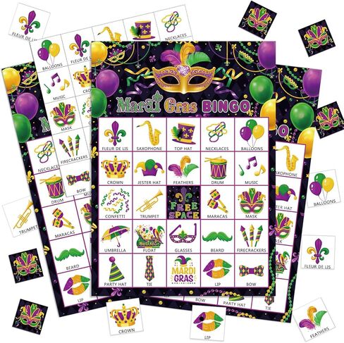 Shappy 35 Pcs Mardi Gras Bingo Game Set Bingo Cards for 24 Players Mardi Gras Party Game for Carnival Masquerade Family Classroom Activities Cards Carnival Holiday Party Favors Supplies in Saudi Arabia