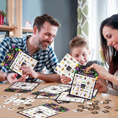 Shappy 35 Pcs Mardi Gras Bingo Game Set Bingo Cards for 24 Players Mardi Gras Party Game for Carnival Masquerade Family Classroom Activities Cards Carnival Holiday Party Favors Supplies in Saudi Arabia