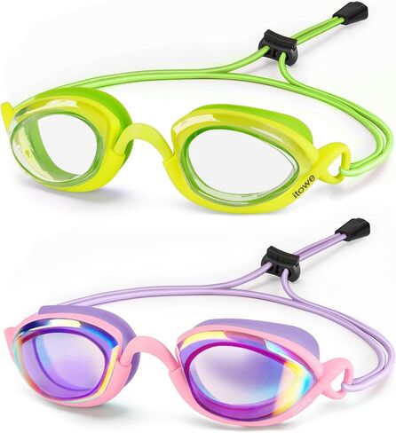 2 Pack Racing Swim Goggles with Bungee Strap, No Leaking Kids Swimming Goggles Age 6-14 Youth Chidren Anti-Fog HD View in Kuwait