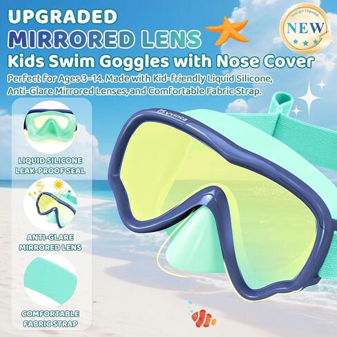 Vvinca Kids Swim Goggles with Nose Cover, Anti-Fog/UV Swimming Mask for Boys Girls 3-15, No Hair Pulling Fabric Strap in Saudi Arabia