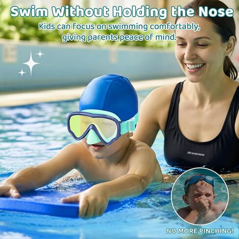 Vvinca Kids Swim Goggles with Nose Cover, Anti-Fog/UV Swimming Mask for Boys Girls 3-15, No Hair Pulling Fabric Strap in Saudi Arabia