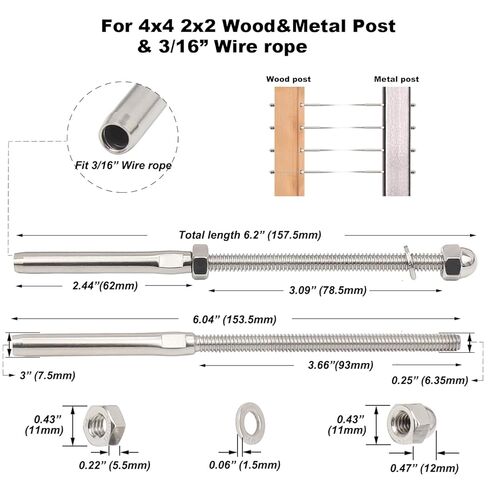 50 Pcs 3/16 Swage Threaded Stud Tensioner Length 6" for 4x4 2x2 Wood Metal Post, and 3/16 150ft Black Wire Rope and 300ft Black Wire Rope in Kuwait