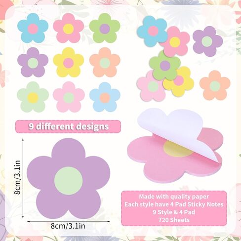 Whaline 36Pcs Pastel Flower Sticky Notes Colorful Floral Self Adhesive Notepad Removable Memo Pad for Reminder Stationery Studying School Office Home Supplies in Saudi Arabia