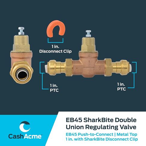 Cash Acme EB45 Pressure Regulating Valve with Disconnect Clip, Double Union, 1 Inch Push to Connect, Metal Top, 60 PSI, Compatible with SharkBite, PVA20M-DUSB-60 in Saudi Arabia