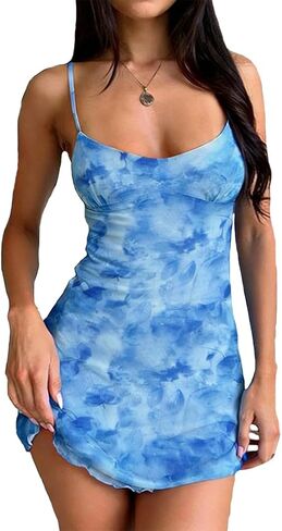 LOFAAC Women Spaghetti Strap Floral Pattern Mesh Bodycon Mini Dress Slim Fit Sleeveless Backless Sheer Party Short Dress in Kuwait