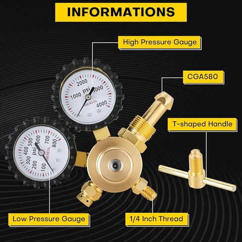 Heavy-Duty Nitrogen Regulator 0-800 PSI | Nitrogen Regulator Hvac, CGA580 Inlet, 1/4-Inch Male Flare Outlet, Brass Body, Double Gauges, Ideal for HVAC Purging and Pressure Charging in Saudi Arabia