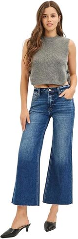 SALT TREE Risen Jeans - Mid Rise Crop Wide Raw Cut Hem Jeans - PWC21093L in Kuwait