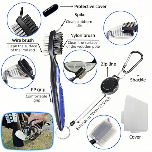 Golf Club Brush with Retractable Zip-Line and Carabiner, Dual-Sided Cleaning Tool with Nylon and Steel Bristles, Groove Cleaner with Spike, Blue in Kuwait