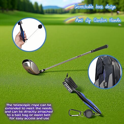 Golf Club Brush with Retractable Zip-Line and Carabiner, Dual-Sided Cleaning Tool with Nylon and Steel Bristles, Groove Cleaner with Spike, Blue in Kuwait