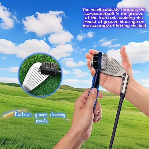 Golf Club Brush with Retractable Zip-Line and Carabiner, Dual-Sided Cleaning Tool with Nylon and Steel Bristles, Groove Cleaner with Spike, Blue in Kuwait