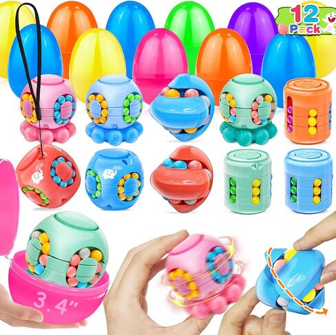 12 Pack 3.4" Jumbo Prefilled Easter Eggs Magic Bean Cubes Toys, Stress Relief Fidget Spinning Puzzle Toy Brain Teaser Game Kids Boy Girl Easter Basket Stuffers Filler Plastic Egg Hunt Party Favor Gift in Kuwait
