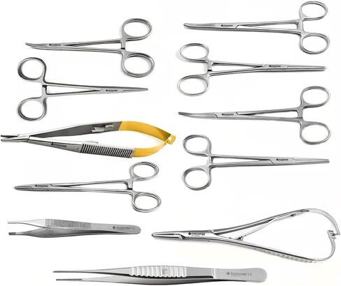 مجموعة أدوات جراحية مكونة من 11 قطعة - حامل إبرة مايوهيجار من الفولاذ المقاوم للصدأ، وملقط كاستروفيجو، وكيلي والبعوض - أدوات التدريب البيطري والطبي للتعقيم، والخصى، وإجراءات طب الأسنان in Kuwait