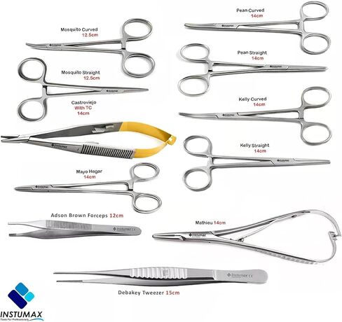 مجموعة أدوات جراحية مكونة من 11 قطعة - حامل إبرة مايوهيجار من الفولاذ المقاوم للصدأ، وملقط كاستروفيجو، وكيلي والبعوض - أدوات التدريب البيطري والطبي للتعقيم، والخصى، وإجراءات طب الأسنان in Kuwait