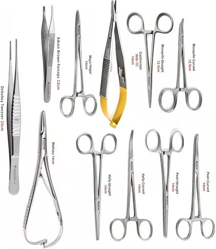 مجموعة أدوات جراحية مكونة من 11 قطعة - حامل إبرة مايوهيجار من الفولاذ المقاوم للصدأ، وملقط كاستروفيجو، وكيلي والبعوض - أدوات التدريب البيطري والطبي للتعقيم، والخصى، وإجراءات طب الأسنان in Kuwait