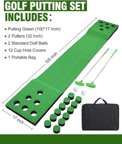 مجموعة ألعاب وضع الجولف للاستخدام الداخلي والخارجي، بساط أخضر محمول لوضع كرة الجولف مع مضربين وكرتين وغطاء 12 فتحة وحقيبة تخزين للمنزل والفناء الخلفي والمكتب والحفلات in Kuwait