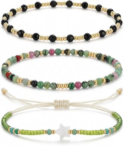 مجموعة أساور الأحجار الكريمة الذهب ذات الخرز مجموعة للنساء ، حبات الحجارة الطبيعية المصنوعة يدويًا سوار سوار جوي in Kuwait