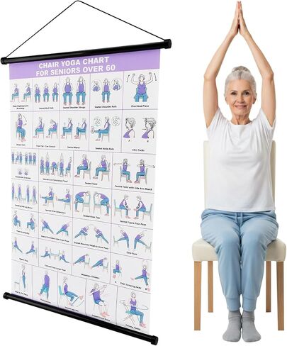 Chair Yoga Wall Chart, 31 Poses Free Weight Body Building Guide, Seated Exercise Poster with Hanging Rod & Rope, Yoga Positions & Stretching Workouts for Home or Office Use, 24*16inch(SIZE:24*16inch) in Kuwait