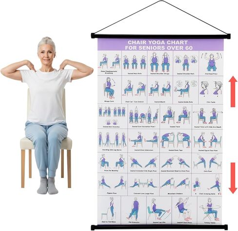 Chair Yoga Wall Chart, 31 Poses Free Weight Body Building Guide, Seated Exercise Poster with Hanging Rod & Rope, Yoga Positions & Stretching Workouts for Home or Office Use, 24*16inch(SIZE:24*16inch) in Kuwait