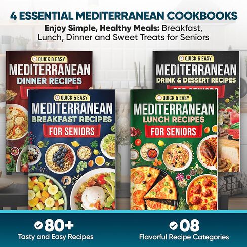 النظام الغذائي المتوسطي الكامل لكبار السن - مجموعة 5 كتب طبخ النظام الغذائي لمنطقة البحر الأبيض المتوسط، طباعة كبيرة بالألوان كاملة مع وصفات متنوعة وخطة وجبات لمدة 30 يومًا | يشمل الإفطار والغداء والعشاء والمشروبات والحلويات in Kuwait