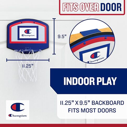 Champion 360 Mini Basketball Hoop Set (Red/White/Blue), Over-The-Door 10.5" x 8.5" Backboard with Spring-Loaded Foldable Rim & Nylon Net, Includes 3.5" Mini Ball for Quick Indoor Basketball Play in Saudi Arabia