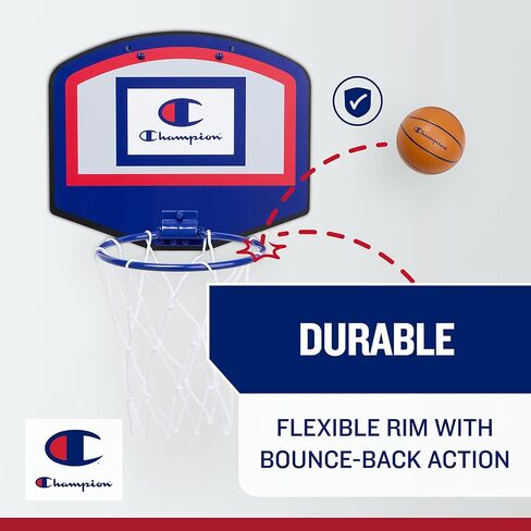 Champion 360 Mini Basketball Hoop Set (Red/White/Blue), Over-The-Door 10.5" x 8.5" Backboard with Spring-Loaded Foldable Rim & Nylon Net, Includes 3.5" Mini Ball for Quick Indoor Basketball Play in Saudi Arabia