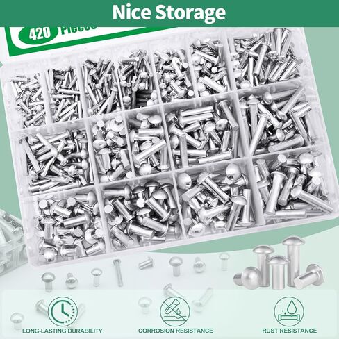 420Pcs M3 M4 M5 M6 × 10mm 14mm 20mm 25mm Solid Aluminum Brazier Head Rivets, High-Strength Universal Solid Rivet Fasteners for Metal Joining and Repair in Saudi Arabia