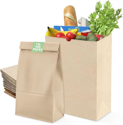 أكياس ورق كرافت طبيعية بنية للغداء، وتغليف البقالة، والمخبوزات، والتسوق بالتجزئة، والتخزين، والإخراج، والتعبئة، والتوصيل (بني، 14 × 7.2 بوصة/12 رطل) in Kuwait