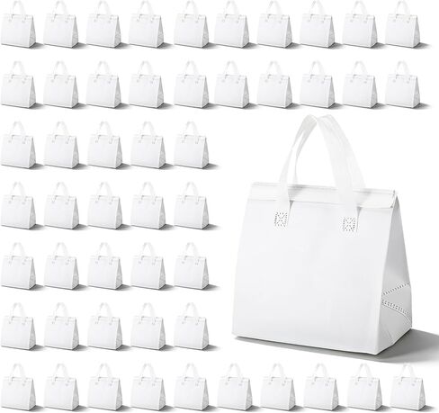 50PCS Insulated Take Away Bags Bulk, Thermal Insulated Lunch Take Out Grocery Hot Cold Food Bags, White Delivery Cooler Bag for Coffee Milk Catering Restaurant Grocery Picnic, 9.5" x 9.5" x 6" in Kuwait