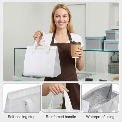 50PCS Insulated Take Away Bags Bulk, Thermal Insulated Lunch Take Out Grocery Hot Cold Food Bags, White Delivery Cooler Bag for Coffee Milk Catering Restaurant Grocery Picnic, 9.5" x 9.5" x 6" in Kuwait