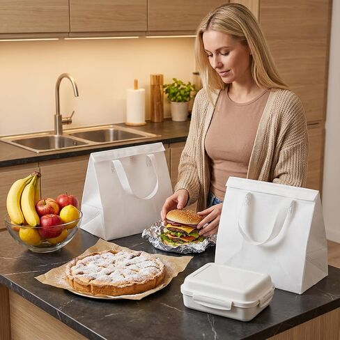 50PCS Insulated Take Away Bags Bulk, Thermal Insulated Lunch Take Out Grocery Hot Cold Food Bags, White Delivery Cooler Bag for Coffee Milk Catering Restaurant Grocery Picnic, 9.5" x 9.5" x 6" in Kuwait