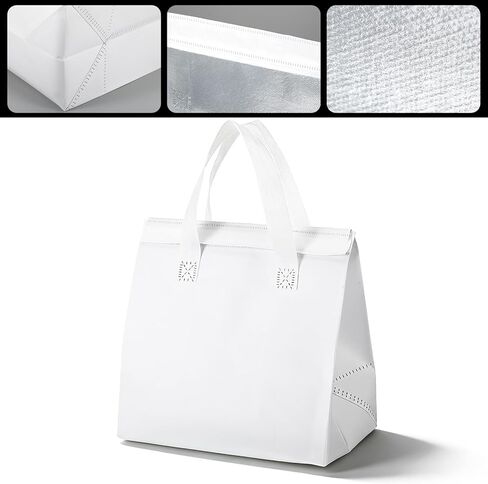 50PCS Insulated Take Away Bags Bulk, Thermal Insulated Lunch Take Out Grocery Hot Cold Food Bags, White Delivery Cooler Bag for Coffee Milk Catering Restaurant Grocery Picnic, 9.5" x 9.5" x 6" in Kuwait