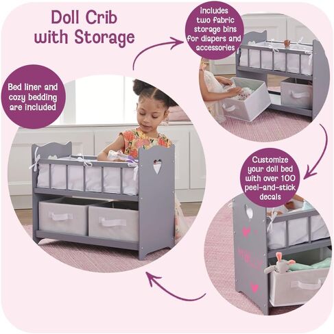 Badger Basket Toy Doll Bed with White Bedding, Storage Baskets, and Personalization Kit for 20 inch Dolls - White Rose in Kuwait