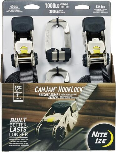 Nite Ize CamJam HookLock Ratchet Strap System - Adjustable, Heavy-Duty Tie Down Straps - Cargo Attachment with Spring-Actuated Hooks - Includes Ratchets, Hooks, Webbing & Storage - Large (2 Pack) in Kuwait