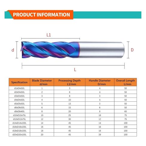 1pcs HRC65 Carbide End Mill 4 Flute Metal Milling Cutter Tool CNC Machining Coating Flat End Mills for Stainless Steel (D3.5xD4x50L) in Kuwait