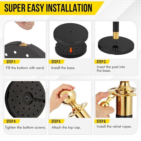 أعمدة ذهبية للتحكم في الحشود - حاجز قوي من الفولاذ المقاوم للصدأ - حبل أسود ناعم بطول 5 أقدام - مثالي لإدارة قوائم الانتظار، والحفلات، والمسارح، وحفلات الزفاف، والمتاحف، والمعارض - عبوة من قطعتين | 1 حبل ناعم in Kuwait