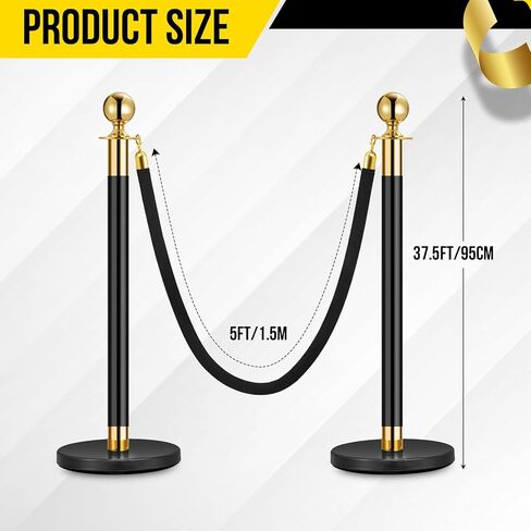 أعمدة ذهبية للتحكم في الحشود - حاجز قوي من الفولاذ المقاوم للصدأ - حبل أسود ناعم بطول 5 أقدام - مثالي لإدارة قوائم الانتظار، والحفلات، والمسارح، وحفلات الزفاف، والمتاحف، والمعارض - عبوة من قطعتين | 1 حبل ناعم in Kuwait