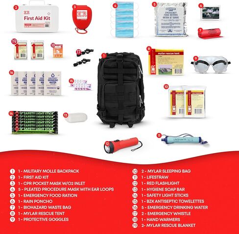 Fully Stocked First Aid Kit with Mylar Rescue Tent, Sleeping Bag, CPR Mask, Survival Gear, Camping Essentials, Travel First Aid Kit, Emergency Supplies & Medical Supplies – Black in Saudi Arabia
