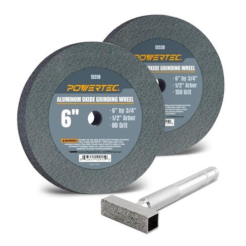 POWERTEC Bench Grinder Wheel + Diamond Wheel Dresser 6 Inch 80 & 150 Grit, Aluminum Oxide Grinding Wheel for Bench Pedestal Grinder, 3/4" Thick 1/2" Arbor, Sharpening Shaping Blade, Chisel, Drill Bits in Saudi Arabia