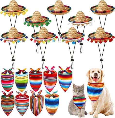 18 Pcs Mexican Dog Costume Cinco De Mayo Sombrero Straw Hats with Felt POM Ball and Colorful Stripe Dog Bandana Adjustable Fiesta Head Bopper Accessories for Cats Dogs Party Decoration in Kuwait